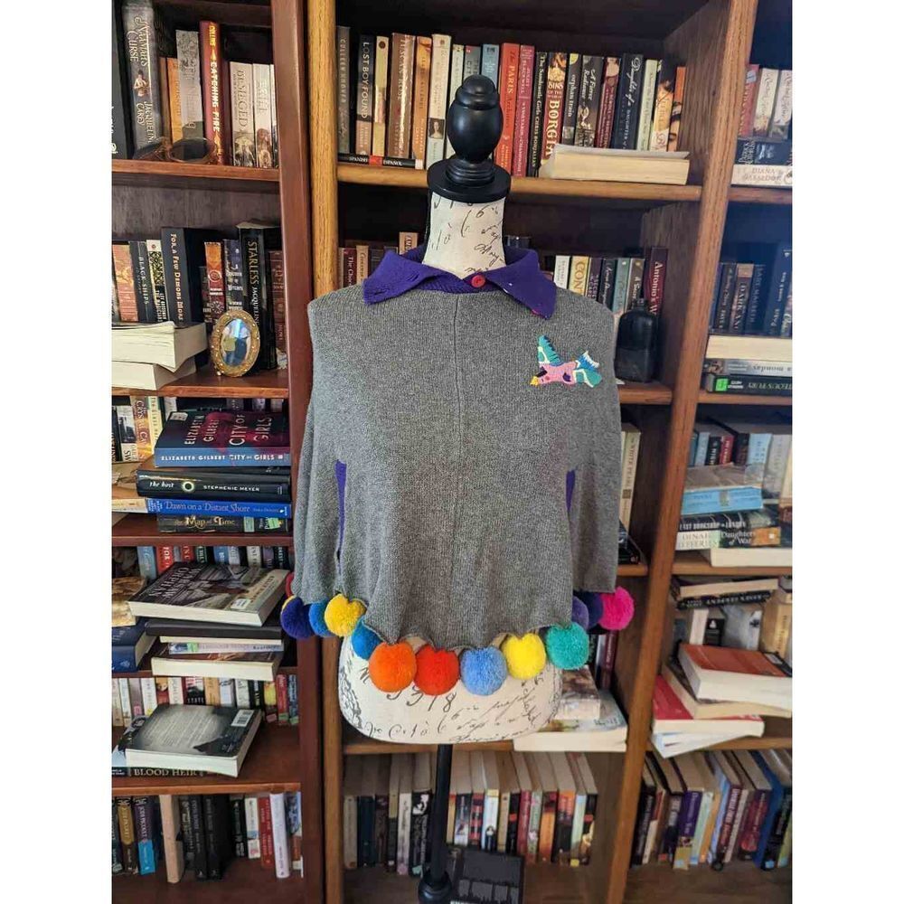 LOUIE Louis grey multicolored pom pom bird embroidered collared poncho wool x - Picture 1 of 12